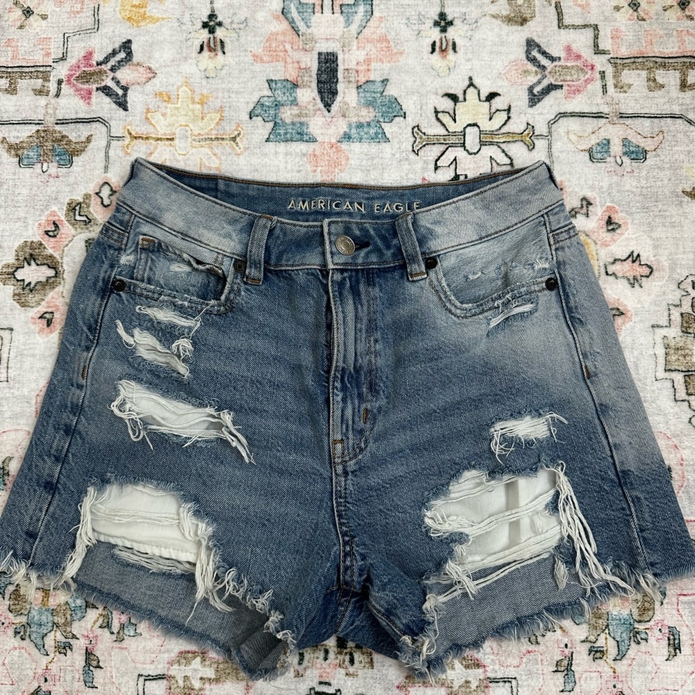 American Eagle Outfitters Distressed Blue Denim Mom Shorts